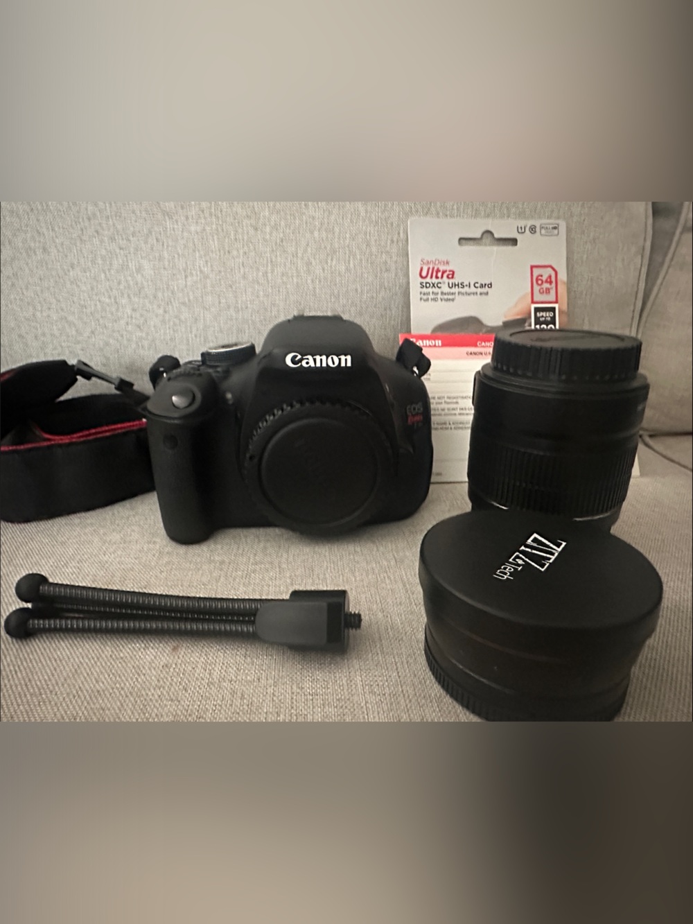 Canon Black DSLR Body with Black Lens, Hood and Accessories